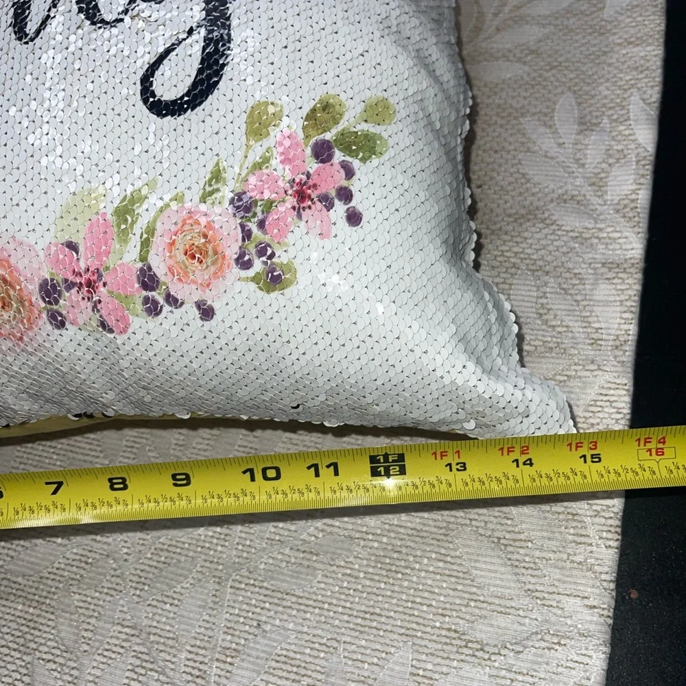 Floral white and Gold Sequin Pillow with Script